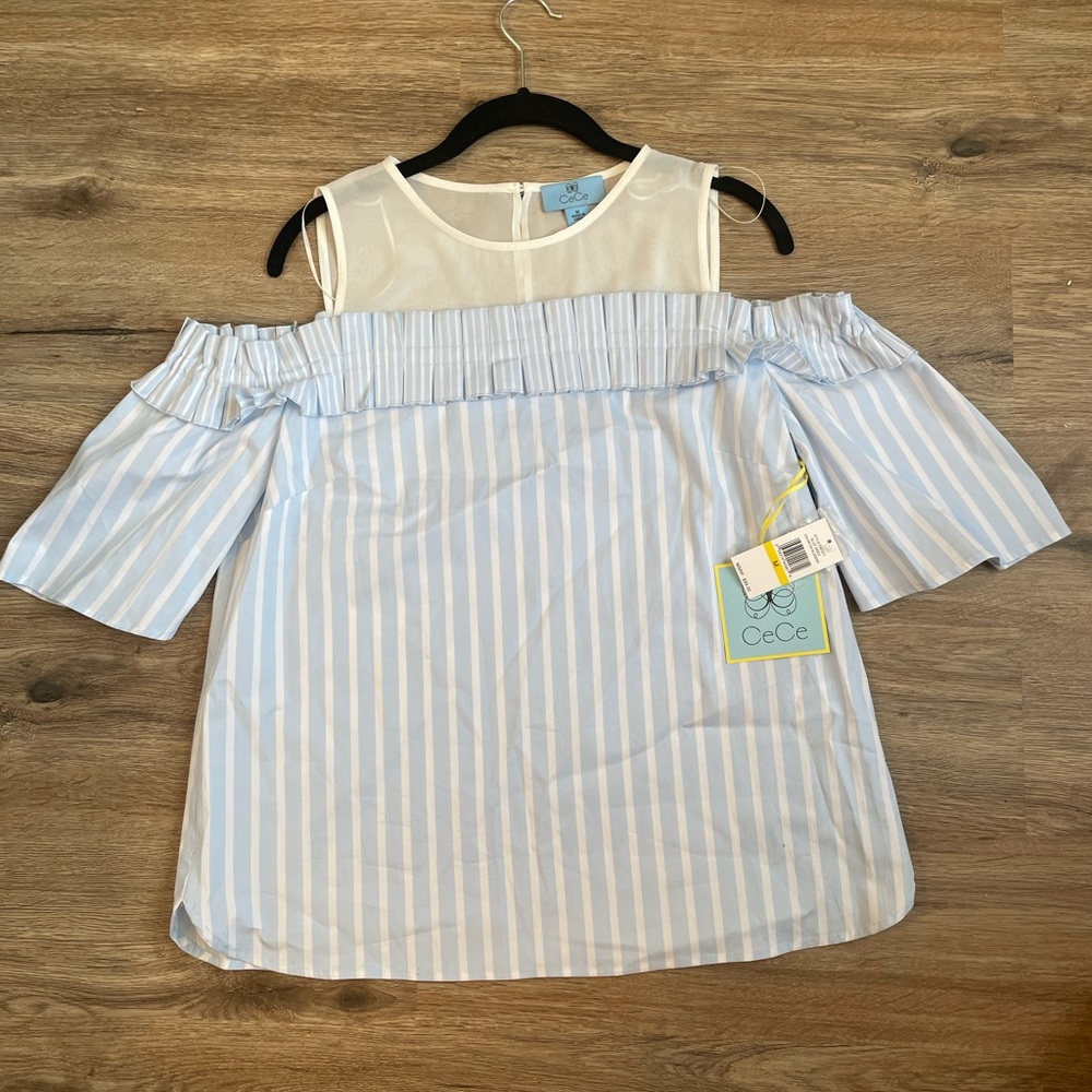 NWT CeCe Off the Shoulder Striped Top with Mesh Insert